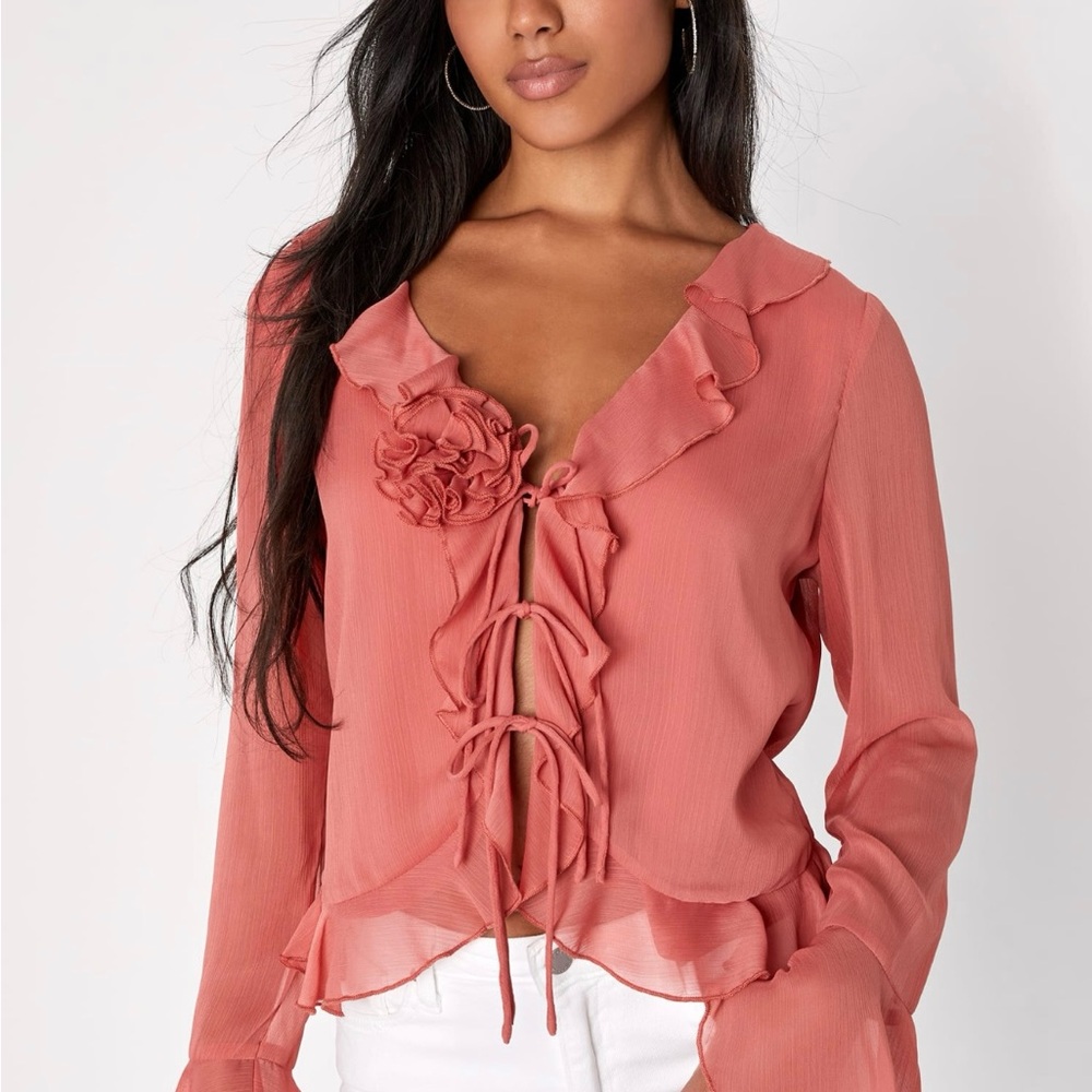Lulu's Pink Ruffled Tie Front Blouse